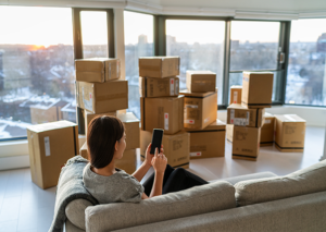 New resident surrounded by moving boxes checking her phone, representing prime engagement timing.