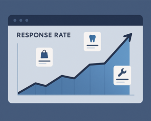Illustration of growing direct mail response rates across industries using Response Boost Cards.