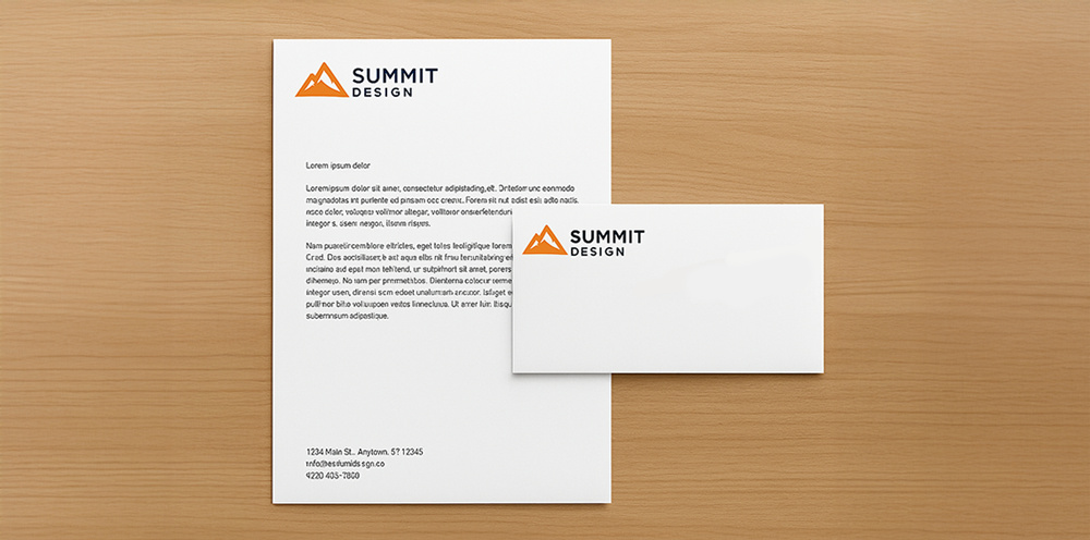 Branded letterhead and matching envelope with Summit Design logo on a wood desk.