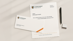 Evercrest Strategies stationery set including letterhead, envelope, and pen on neutral background.