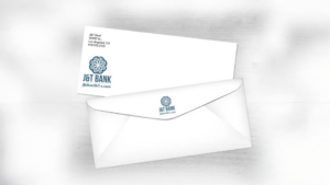 J&T Bank custom envelopes with logo printed on both front and back flaps.