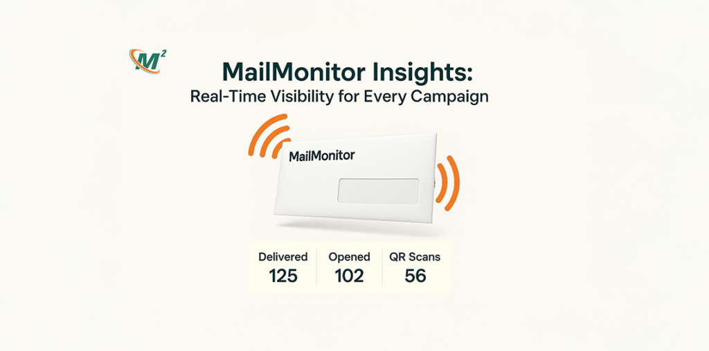 Illustration of an envelope broadcasting delivery, open, and QR scan stats via MailMonitor Insights.