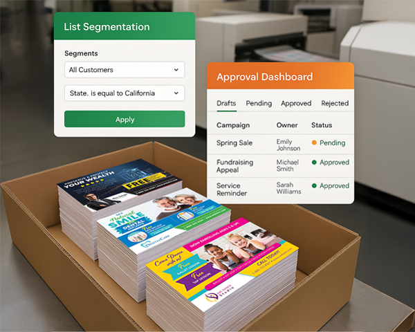 Direct mail campaign dashboard showing approval statuses and segmented lists alongside printed postcards.