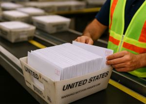 Bulk mail trays filled with envelopes being processed by a USPS employee for mass distribution.