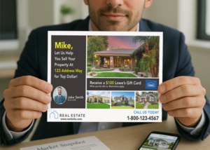Real estate agent showing a printed postcard offering a $100 Lowe’s gift card for new listings.