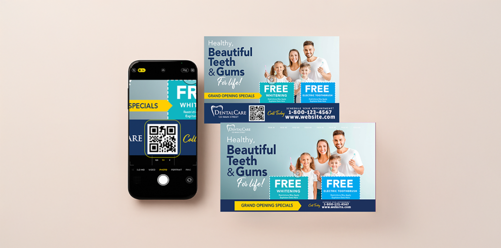 QR code on a dental postcard scanned by a smartphone to unlock special offers and appointment booking.