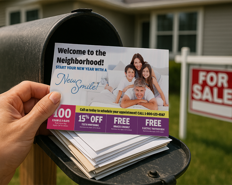 Person retrieving a dental welcome postcard from a mailbox in front of a home for sale.