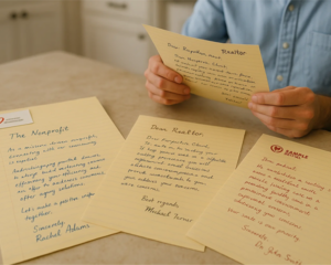 Person reading personalized handwritten-style letters used for direct mail outreach and nonprofit campaigns.