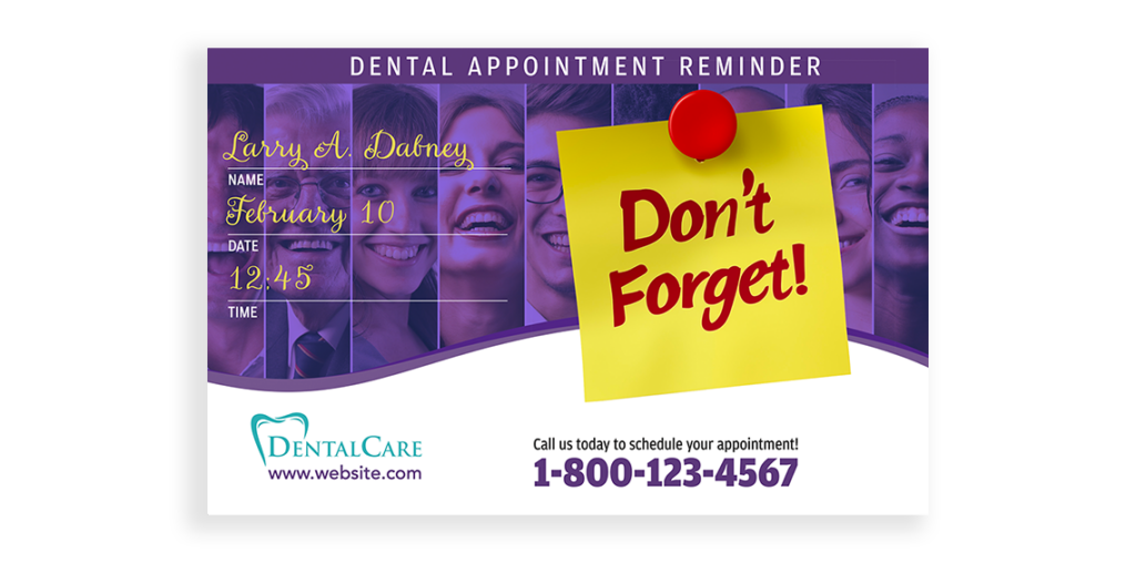 Dental appointment postcard featuring a bright yellow sticky note with a “Don’t Forget” message.