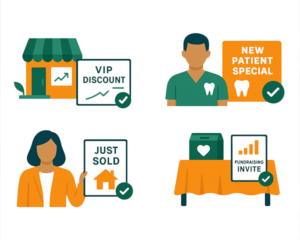 Illustrations showing examples of targeted mail offers like VIP discounts, new patient specials, and fundraising invites.