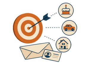 Direct mail targeting graphic showing a bullseye with audience segments like birthdays, auto owners, and homeowners.