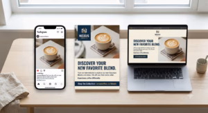 A business owner reviewing consistent brand materials — a social media post, a direct mail postcard, and a website on a laptop — all showing matching visuals and messaging, bright modern office setting.
